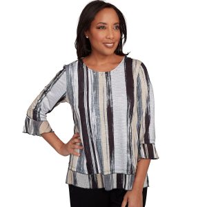 Alfred Dunner Womens Etched Stripe Bell 3/4 Sleeve Top