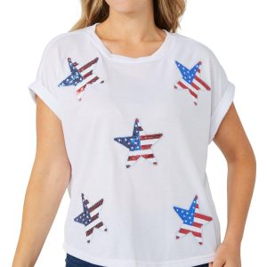 Cest La Vie Womens Short Sleeve Americana Sequin Top