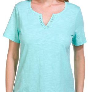 Coral Bay Womens Solid Crochet Split Neck Short Sleeve Top