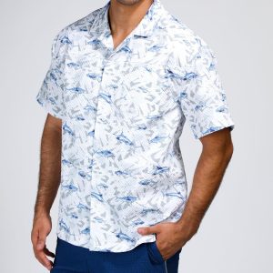 Reel Legends Mens Seersucker Shark Printed Button Up Shirt