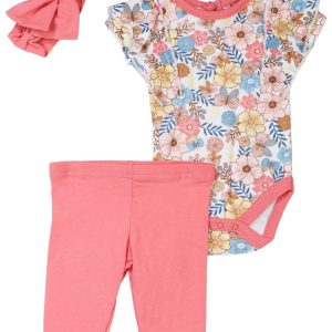 DreamGro Baby Girls 3 Pc Bodysuit Pant Headband Set
