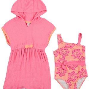 2 Pc Little Girls Hooded Terry Cover Up & Swimsuit